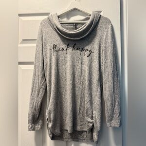 Gray Cowl Neck Sweater with 'Think Happy' Print